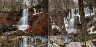 A collage of 4 winter photos from Dutchmans Run Falls in the McIntyre Wild Area Lycoming County PA.