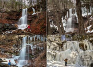 A collage of 4 winter photos from Dutchmans Run Falls in the McIntyre Wild Area Lycoming County PA.