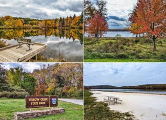 This collage contains four images from Yellow Creek State Park in Indiana County, Pennsylvania. The top left photo shows a wooden dock with a bench overlooking the reflective waters of a lake surrounded by autumn-colored trees. The top right photo depicts an open grassy area with red autumn trees and a view of the lake in the distance. The bottom left image features the park's brown entrance sign with white lettering, set against a backdrop of greenery and fall foliage. The bottom right photo shows a sandy beach area with a picnic table, the lake, and forested hills in the background under a cloudy sky.