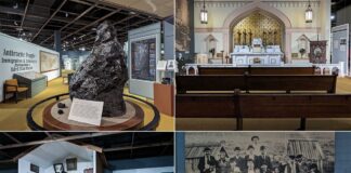 A collage of four photos from the Anthracite Heritage Museum in Scranton, PA. The top left photo shows a large piece of anthracite coal on display in the museum's exhibit hall. The top right photo features a recreated coal miner's chapel with wooden pews and an altar. The bottom left photo depicts a diorama of a miner's home kitchen, while the bottom right photo displays a historical black and white photograph of a miner's family. Together, these images provide a comprehensive overview of the museum's dedication to preserving the history of coal mining and the lifestyle of miners and their families in Pennsylvania.