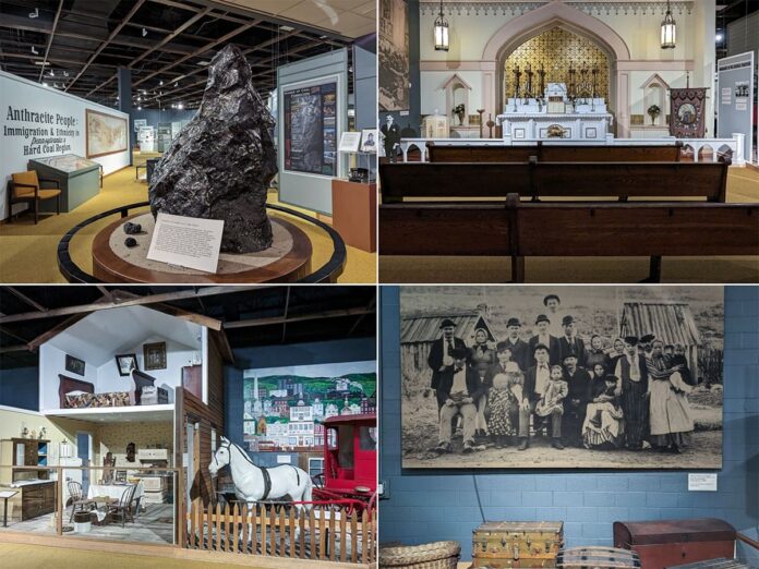 A collage of four photos from the Anthracite Heritage Museum in Scranton, PA. The top left photo shows a large piece of anthracite coal on display in the museum's exhibit hall. The top right photo features a recreated coal miner's chapel with wooden pews and an altar. The bottom left photo depicts a diorama of a miner's home kitchen, while the bottom right photo displays a historical black and white photograph of a miner's family. Together, these images provide a comprehensive overview of the museum's dedication to preserving the history of coal mining and the lifestyle of miners and their families in Pennsylvania.