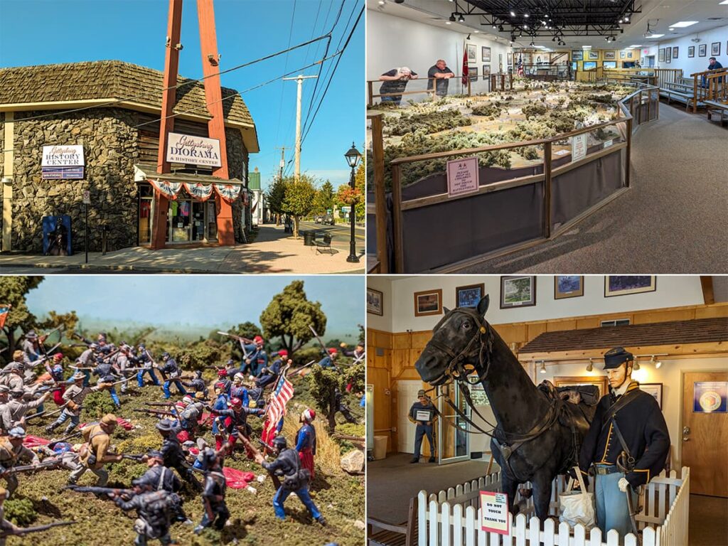 This collage features four images from the Gettysburg Diorama and History Center. The first image shows the stone-clad exterior with the center's signage. The second image provides an overview of the extensive battlefield diorama with visitors observing the scene. The third image is a close-up of the diorama, depicting a battle with miniature soldiers. The fourth image displays a life-size exhibit with a mannequin soldier in Union uniform standing beside a horse, enclosed by a white picket fence. Together, these images capture the educational and immersive experience offered by the center.