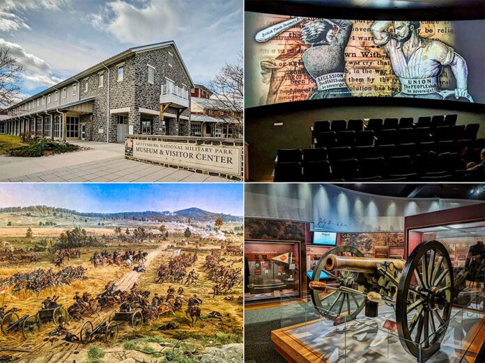 Collage of four images from the Gettysburg National Military Park Visitor Center. Top left: The center's stone exterior with the entrance sign. Top right: An indoor theater with a large mural depicting a scene from the Civil War. Bottom left: The Cyclorama painting showing a detailed and colorful battle scene. Bottom right: A museum display featuring a Civil War-era cannon and historical exhibits.