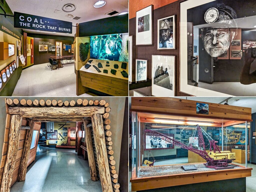 A collage of four photos showcasing different exhibits at the Museum of Anthracite Mining in Ashland, PA. Top left: The entrance to the museum with a sign reading 'COAL: THE ROCK THAT BURNS' above a hallway leading to various exhibits. Top right: A photo gallery of black and white images of coal miners. Bottom left: A replica mine tunnel constructed with heavy timber, providing a walkthrough experience. Bottom right: A glass display featuring a detailed model of a maroon and yellow dragline excavator set in a simulated mining environment. Each image captures the educational and immersive atmosphere of the museum.