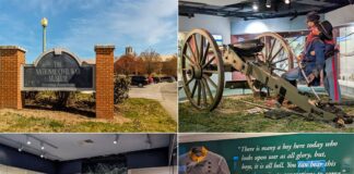 The collage features four images from The National Civil War Museum in Harrisburg, Pennsylvania. The first image is the museum's entrance sign, the second shows a life-size diorama of an artillery soldier in action, the third is an exhibit of Union military uniforms and weaponry, and the fourth contains a quote from General William Tecumseh Sherman next to medals and ribbons. Together, these images offer a glimpse into the museum's efforts to chronicle and honor the history of the American Civil War.