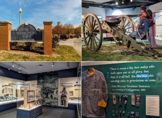 The collage features four images from The National Civil War Museum in Harrisburg, Pennsylvania. The first image is the museum's entrance sign, the second shows a life-size diorama of an artillery soldier in action, the third is an exhibit of Union military uniforms and weaponry, and the fourth contains a quote from General William Tecumseh Sherman next to medals and ribbons. Together, these images offer a glimpse into the museum's efforts to chronicle and honor the history of the American Civil War.