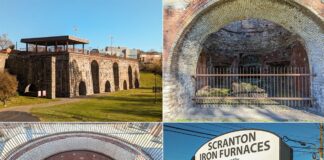 A collage of images from the Scranton Iron Furnaces in Scranton, PA. The upper left image shows the exterior of the stone furnaces with arches and a modern observation deck. The upper right image features a closer view of an interior arch with a protective gate. The lower left image is a view looking down into the depths of a furnace, revealing its brick lining. The lower right image displays the site's welcoming sign, indicating it is managed by the Anthracite Heritage Museum and designated as a state historic site by the Pennsylvania Historical & Museum Commission.