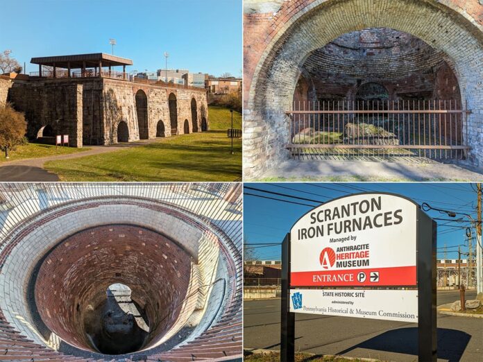 A collage of images from the Scranton Iron Furnaces in Scranton, PA. The upper left image shows the exterior of the stone furnaces with arches and a modern observation deck. The upper right image features a closer view of an interior arch with a protective gate. The lower left image is a view looking down into the depths of a furnace, revealing its brick lining. The lower right image displays the site's welcoming sign, indicating it is managed by the Anthracite Heritage Museum and designated as a state historic site by the Pennsylvania Historical & Museum Commission.