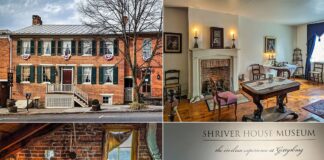 A photo collage from the Shriver House Museum in Gettysburg, Pennsylvania, showcasing various aspects of the museum. The top left image displays the museum's exterior: a two-story, red-brick house with green shutters and patriotic bunting. The top right shows an interior room with a fireplace, elegant furniture, and historical decorations. The bottom left reveals an attic scene with a rifle and period artifacts, and the bottom right features the museum's name along with historical family portraits, providing insight into the civilian life during the time of the Civil War.