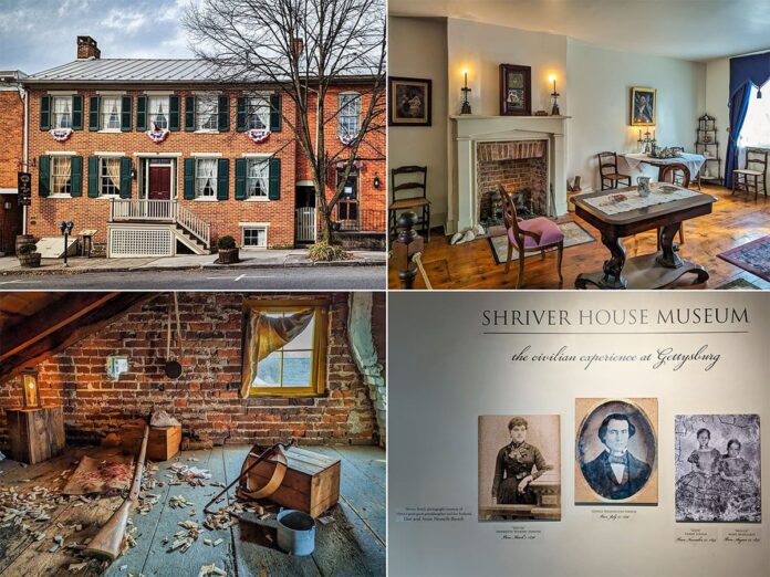A photo collage from the Shriver House Museum in Gettysburg, Pennsylvania, showcasing various aspects of the museum. The top left image displays the museum's exterior: a two-story, red-brick house with green shutters and patriotic bunting. The top right shows an interior room with a fireplace, elegant furniture, and historical decorations. The bottom left reveals an attic scene with a rifle and period artifacts, and the bottom right features the museum's name along with historical family portraits, providing insight into the civilian life during the time of the Civil War.