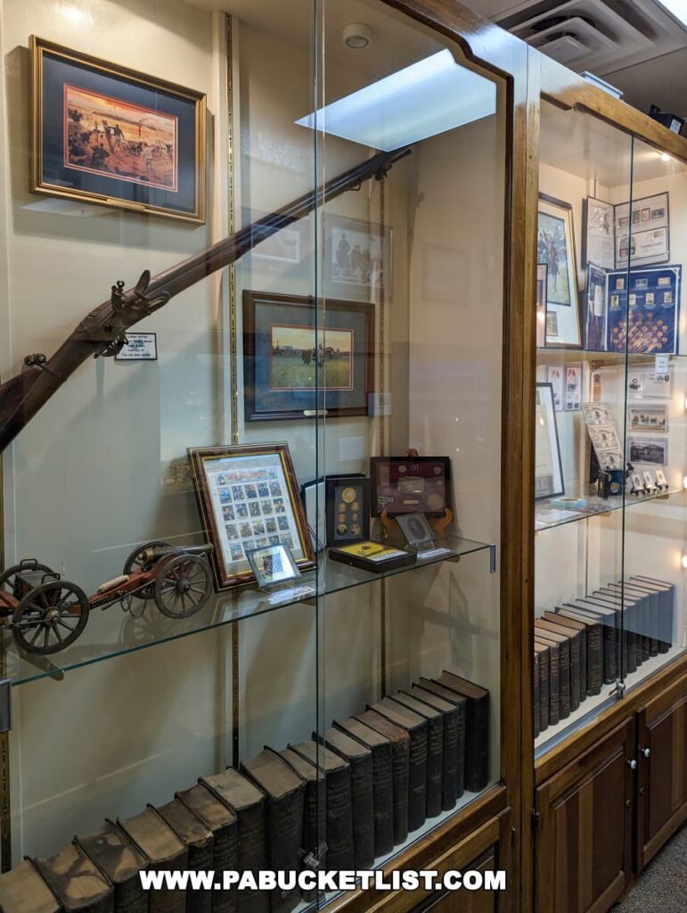 An exhibit at the Gettysburg Diorama and History Center displaying Civil War memorabilia. A glass case contains items like a long rifle, framed historical prints, a miniature cannon model, and a collection of old, hardcover books lined up at the bottom shelf.