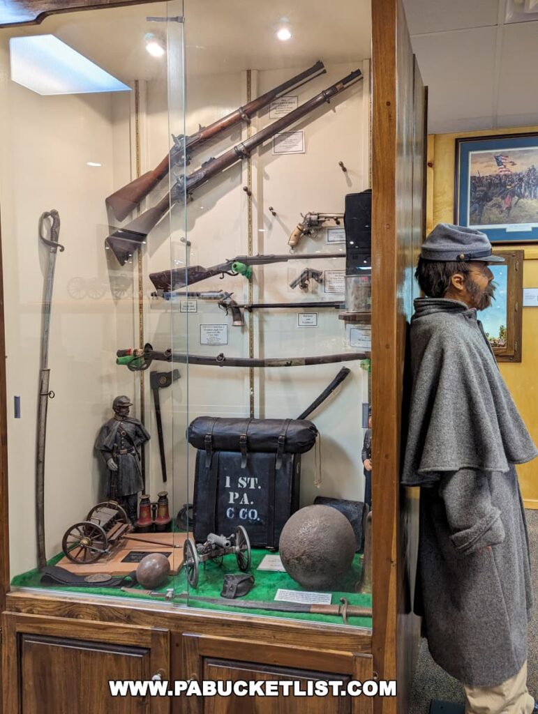 A Civil War exhibit at the Gettysburg Diorama and History Center featuring a variety of artifacts. In the foreground stands a mannequin dressed in a Union soldier's uniform, next to a large leather satchel marked "1 ST. PA. C CO." Behind glass, a collection of rifles is mounted on the wall, alongside other period weapons and equipment. A miniature cannon, round cannonballs, and a pair of boots are displayed on the lower shelf, set against a green felt background.