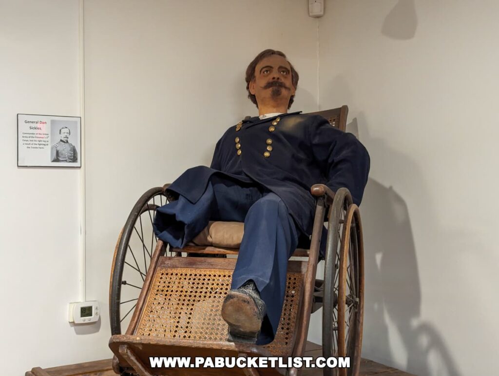 A life-sized mannequin of General Dan Sickles seated in a period-appropriate wicker wheelchair at the Gettysburg Diorama and History Center. The figure is dressed in a Union officer's uniform, gazing thoughtfully into the distance. Next to him, on the white wall, is a framed photo and informational plaque about General Sickles, providing context for visitors about his role in the Civil War and the Battle of Gettysburg.