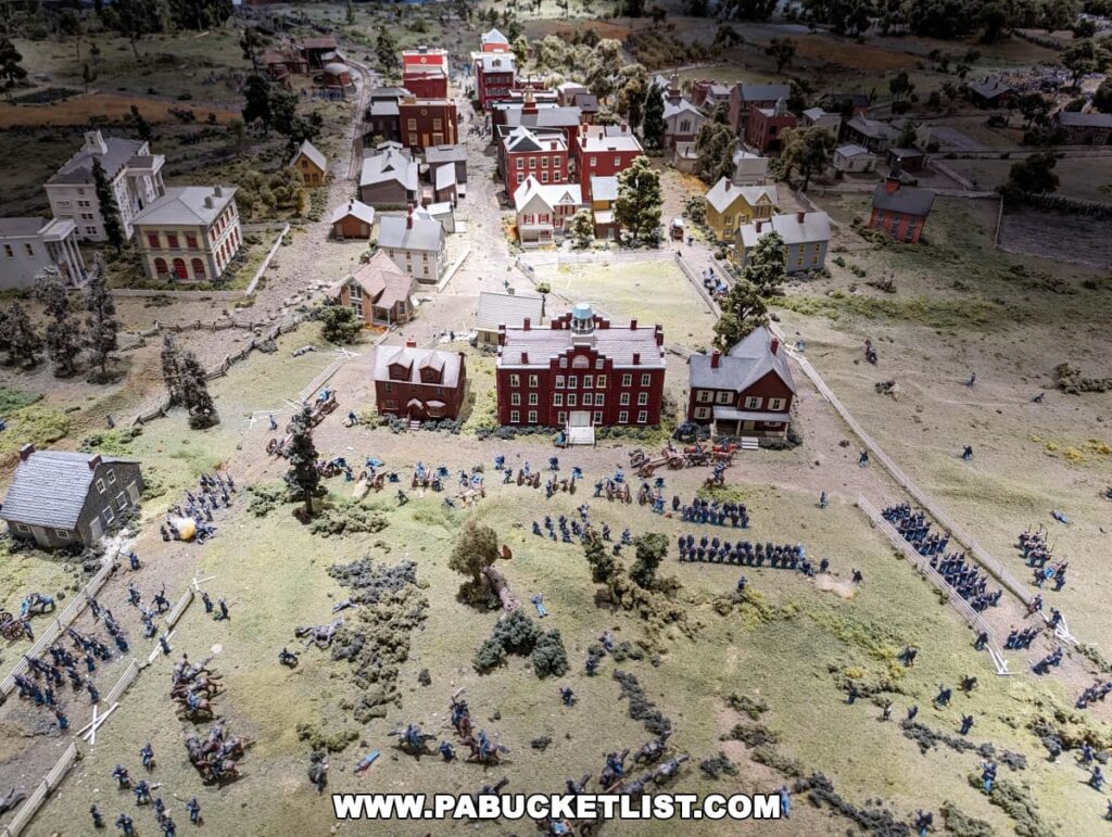 A close-up of the Gettysburg Diorama at the Gettysburg Diorama and History Center, showing a detailed section of Seminary Ridge. The miniature landscape includes replicas of historic buildings, roads, and meticulously painted soldier figurines representing Union and Confederate troops in formation. The scene captures the strategic positioning and environment of the area during the Battle of Gettysburg.