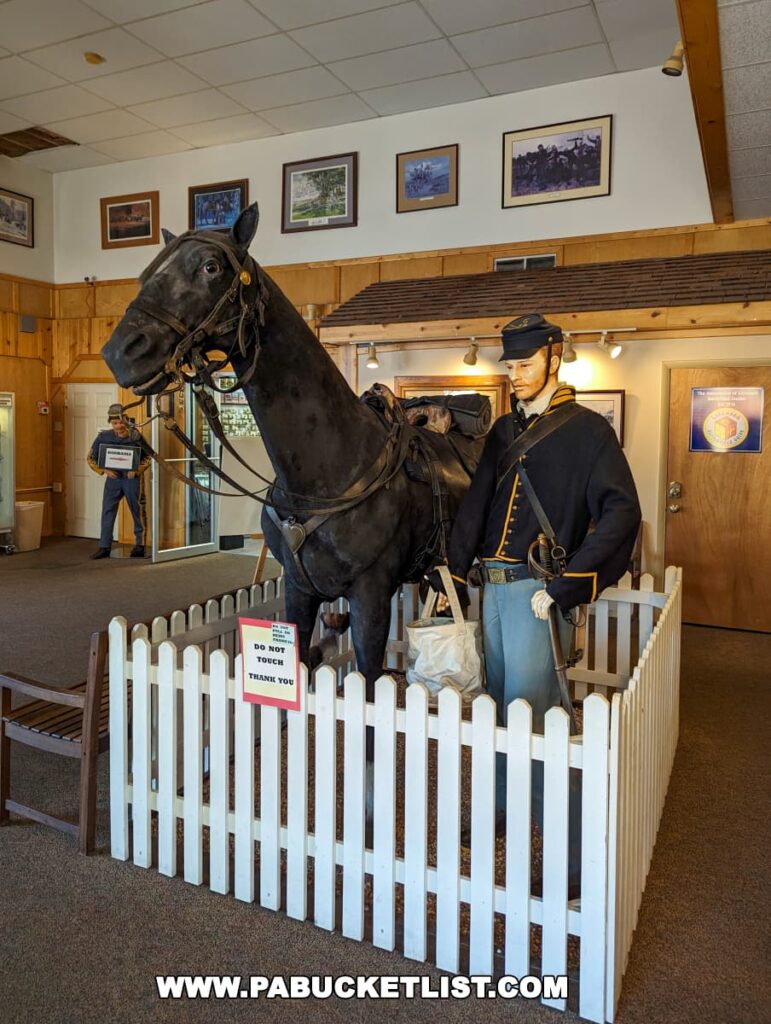 A life-size exhibit at the Gettysburg Diorama and History Center featuring a mannequin dressed in a Union cavalry uniform, standing beside a horse. The figure is inside a white picket fence enclosure, with a sign reminding visitors not to touch the display. In the background, the center's interior includes framed historical pictures on the walls and a visitor observing other exhibits.