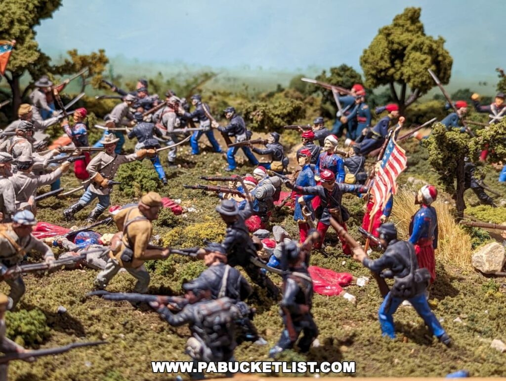 A detailed close-up of a Civil War battle scene diorama at the Gettysburg Diorama and History Center, depicting hand-painted miniature soldier figures in combat. Union soldiers in blue are engaged with Confederate soldiers in grey, amidst a backdrop of lush terrain and trees. A prominently displayed American flag is held aloft by a Union figure in the midst of the chaotic battlefield.