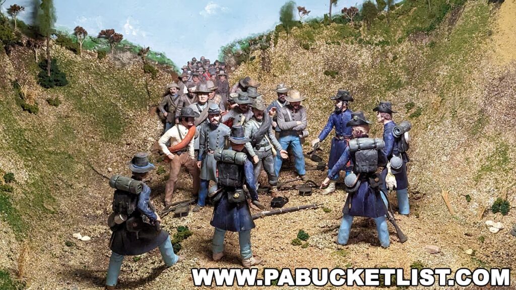 A detailed scene from the Gettysburg Diorama and History Center depicting the Railroad Cut incident. Miniature figures of Confederate and Union soldiers are shown in close quarters combat, with some Union soldiers in the foreground aiming their rifles towards Confederates who are positioned within the cut. The authenticity of the uniforms, weapons, and the natural terrain highlight the diorama's meticulous attention to historical accuracy.