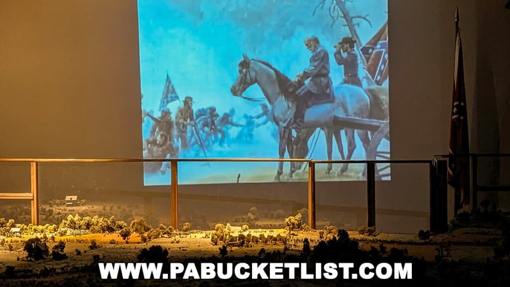 An image of the Gettysburg Diorama and History Center showing the conclusion of Pickett's Charge. A large projection screen displays a historical painting of cavalry in battle above a detailed diorama that depicts the Gettysburg battlefield. The miniature landscape is carefully illuminated, with small figures of soldiers and terrain features. To the right, a Confederate flag is displayed, contributing to the historical ambiance of the exhibit.