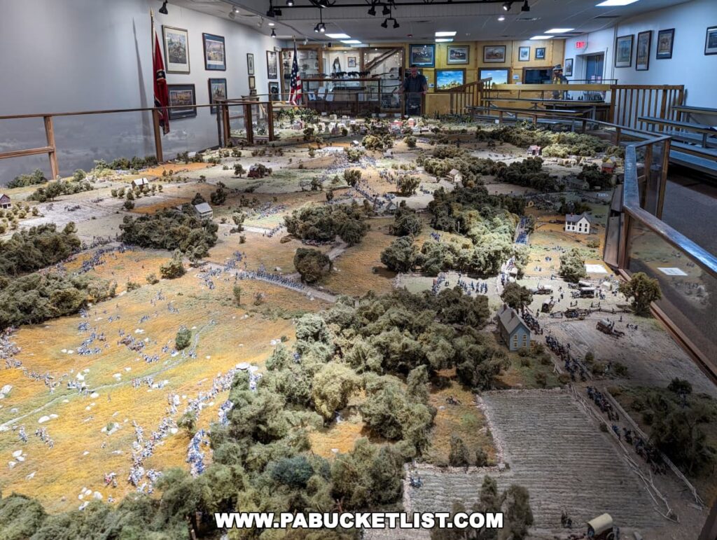 A comprehensive view of the Gettysburg battlefield diorama at the Gettysburg Diorama and History Center, showcasing detailed terrain with miniature trees, roads, buildings, and hundreds of tiny soldier figures engaged in battle. The diorama is observed by visitors from a surrounding walkway and bleachers, with framed artwork and flags adorning the walls above. The exhibit captures the vastness and complexity of the historic Battle of Gettysburg.