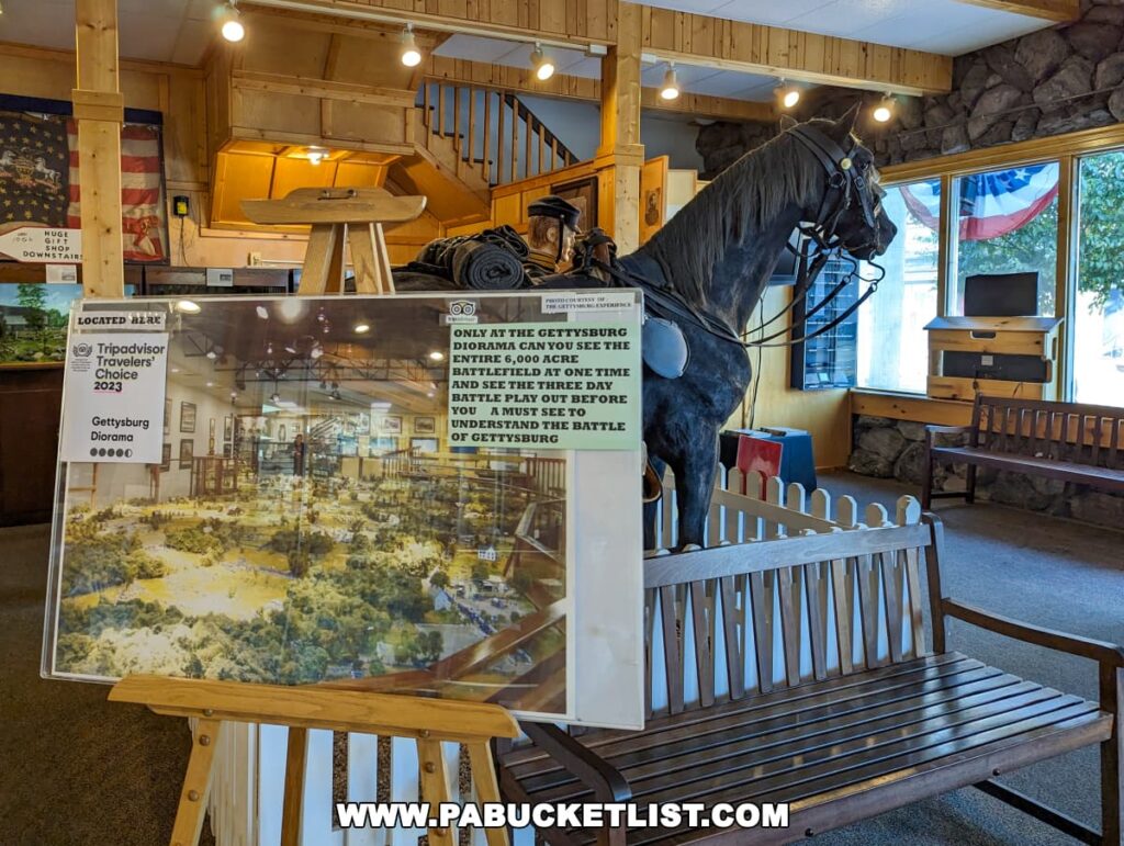 The lobby area of the Gettysburg Diorama and History Center, featuring a life-sized model of a black horse in full harness, standing next to a wooden bench. In the foreground is a large poster showcasing an image of the diorama and boasting a TripAdvisor Travelers' Choice award for 2023. The cozy lobby is warmly lit, with rustic wooden architecture and a visible staircase leading to an upper level, creating a welcoming atmosphere for visitors.