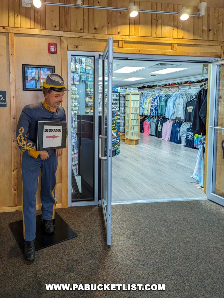The interior entrance of the Gettysburg Diorama and History Center, featuring a life-sized cutout of a Union soldier in uniform, standing beside open glass doors. Beyond the entrance is the gift shop, visible with an array of merchandise including t-shirts, souvenirs, and educational materials. The rustic wooden interior and warm lighting invite visitors to explore the offerings related to the historic Battle of Gettysburg.