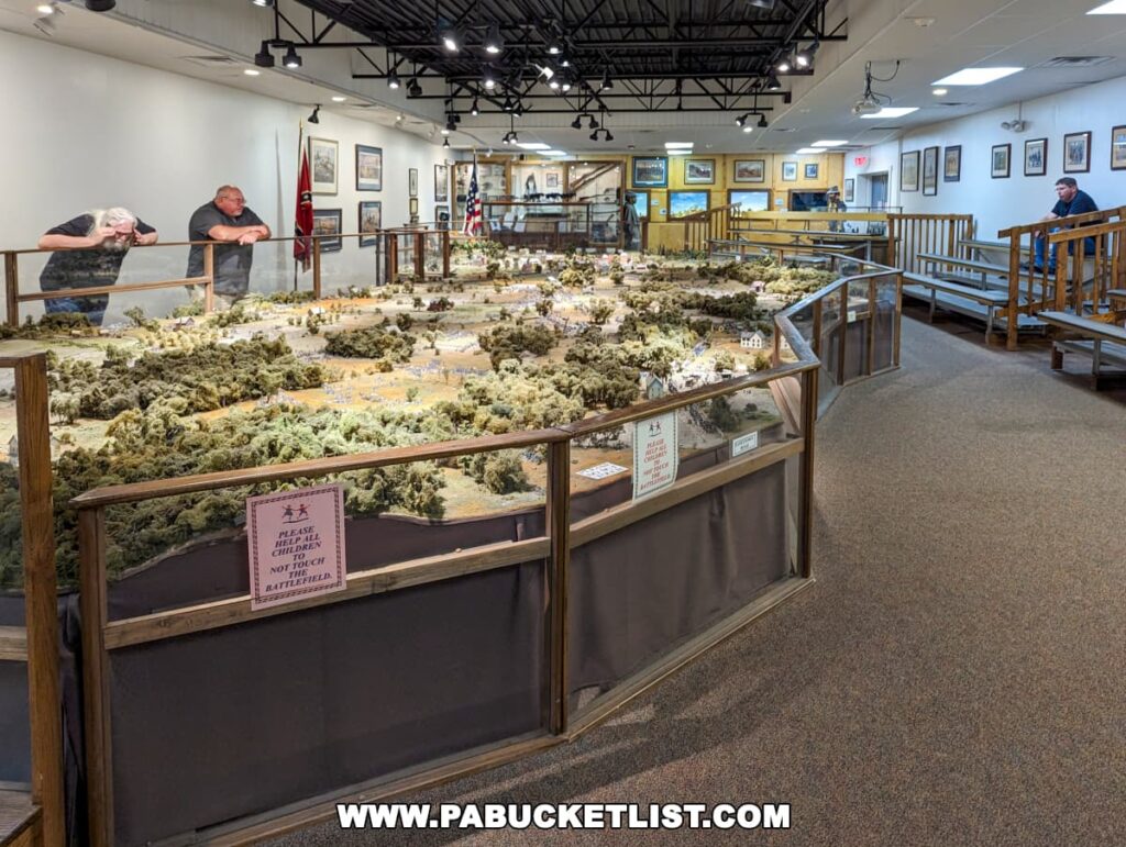 Visitors at the Gettysburg Diorama and History Center are engrossed in viewing an extensive diorama depicting the Battle of Gettysburg. The diorama, protected by glass panes and wooden railings, features a detailed representation of the terrain with over twenty thousand hand-painted soldiers. A sign reminding visitors not to touch the diorama is displayed prominently. The exhibit space is well-lit, with framed artwork and flags decorating the walls, creating an educational atmosphere for those exploring this pivotal moment in American history.