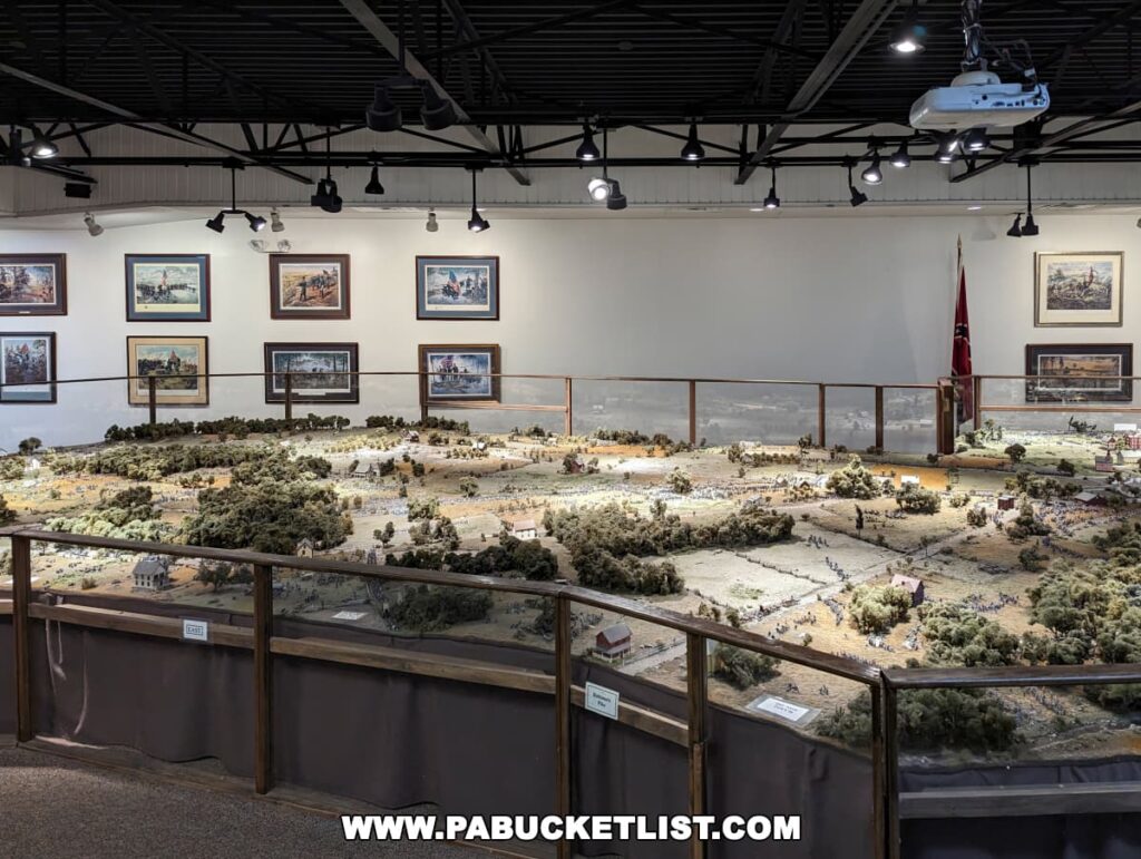 A wide-angle view of the expansive Gettysburg battlefield diorama at the Gettysburg Diorama and History Center. The diorama is displayed within a large room and is surrounded by protective railings. Above it, the walls are adorned with framed paintings of Civil War scenes. The exhibit is well-lit from ceiling track lights, highlighting the intricate details of the miniature landscape, which includes fields, buildings, and numerous soldier figures. The vantage point suggests the photo was taken from an elevated position, offering a comprehensive view of the historical representation.