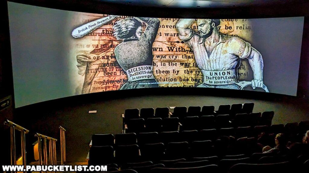Inside a darkened theater at the Gettysburg National Military Park Visitor Center, a large screen displays a colorful and artistic depiction of two muscular figures, one in blue and one in gray, representing the Union and the Confederacy, with their arms locked in a struggle. The background of the image is filled with historical text and excerpts from documents relevant to the Civil War era.