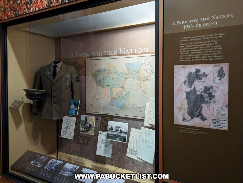 Exhibit display at the Gettysburg National Military Park Visitor Center titled 'A Park for the Nation, 1933–Present'. The display includes a tan park rangers uniform on a mannequin, historical maps of the Gettysburg area, and various informational panels. There are also photographs, documents, and a ranger's hat arranged in the case. The background text provides context about the history and significance of the park since it was turned over by the War Department to the National Park Service.