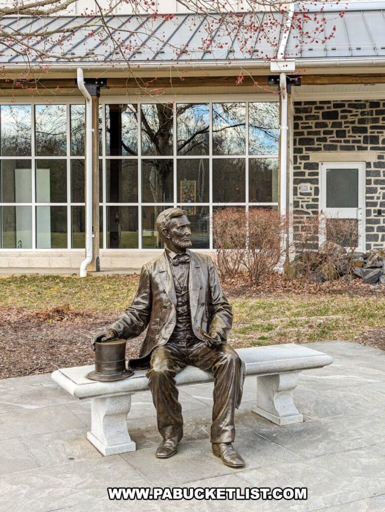 Statue of Abraham Lincoln sitting on a bench outside the Gettysburg National Military Park Visitor Center. The bronze sculpture features Lincoln in a relaxed pose, one leg crossed over the other, with a stovepipe hat resting on the bench next to him. The visitor center has large windows and a stone facade, and there are bare branches of a tree partially visible above the statue.