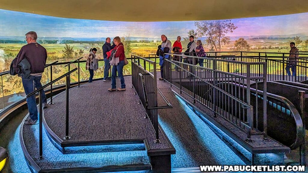 Visitors observing the Gettysburg Cyclorama at the National Military Park Visitor Center. A group of people are standing on a circular viewing platform, surrounded by a panoramic mural depicting the Battle of Gettysburg. The cyclorama extends into the background, providing a 360-degree view of the historic landscape and battle scenes. The platform's railing guides the visitors as they take in the detailed artwork that immerses them in the Civil War era.