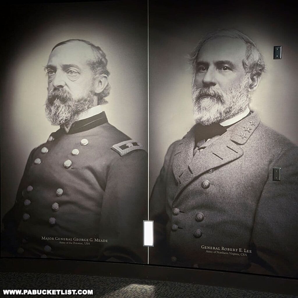 Black and white portraits of Major General George G. Meade of the Army of the Potomac, USA, and General Robert E. Lee of the Army of Northern Virginia, CSA, displayed side by side at the Gettysburg National Military Park Visitor Center. Both generals are shown in their military uniforms, featuring double-breasted coats with buttons and their respective rank insignias. The portraits are mounted on a wall with captions identifying each general and their command.