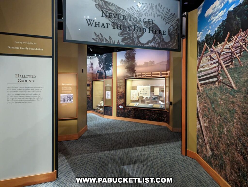 Interior of the Gettysburg National Military Park Visitor Center showing an exhibit hallway. To the right, a large mural depicts a sunny Civil War battlefield with a fence, and to the left, informational panels and a quote 'NEVER FORGET WHAT THEY DID HERE' are prominently displayed. The space is dedicated to the remembrance of the Battle of Gettysburg, with various exhibits and acknowledgments to the Donahue Family Foundation for their support.