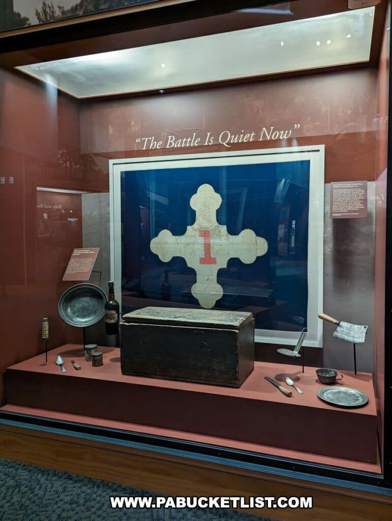 Exhibit titled 'The Battle Is Quiet Now' at the Gettysburg National Military Park Visitor Center. The display features a large white cross with a red center, along with Civil War-era medical instruments, a wooden chest, and personal items like a plate, a spoon, and a bottle. These artifacts represent the aftermath of the battle, with a focus on the care for the wounded and the solemn peace following the conflict.