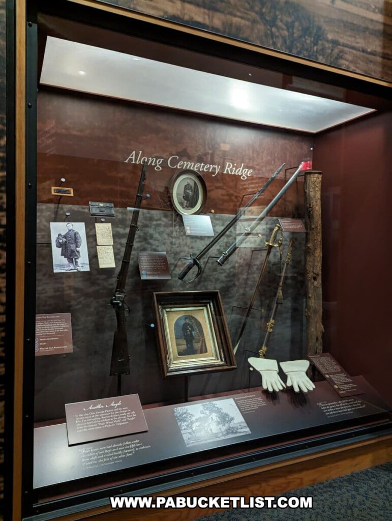 Exhibit at the Gettysburg National Military Park Visitor Center titled 'Along Cemetery Ridge'. The display case contains Civil War artifacts, including a rifle, a saber, a bugle, a framed photograph of a soldier, documents, and a pair of white gloves. The items are carefully arranged with descriptive labels, providing historical context to the items that were found along Cemetery Ridge. The subdued lighting highlights the artifacts against the dark background.
