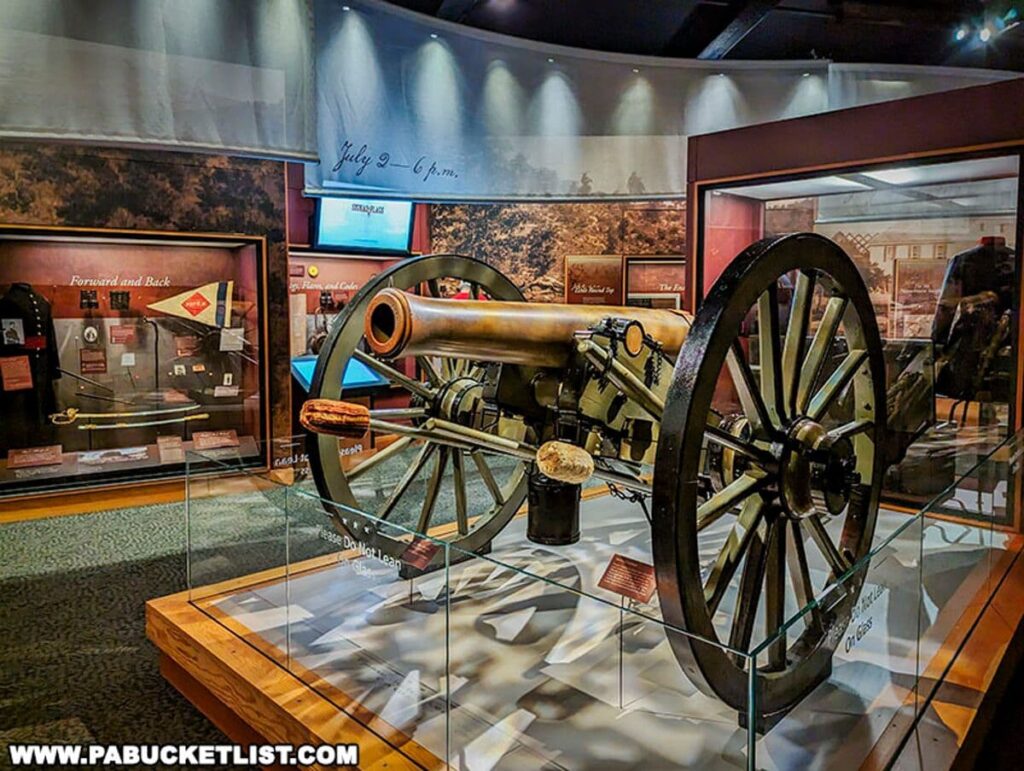 An artillery exhibit at the Gettysburg National Military Park Visitor Center, featuring a Civil War era cannon prominently displayed in the foreground. The cannon, mounted on a wooden carriage with large spoked wheels, is positioned in front of a series of exhibit cases containing additional artifacts. Informative displays and historical photographs adorn the walls in the background, providing context and narrative to the battle and the weaponry used. The room is softly lit, with focused lighting on the cannon and display cases.