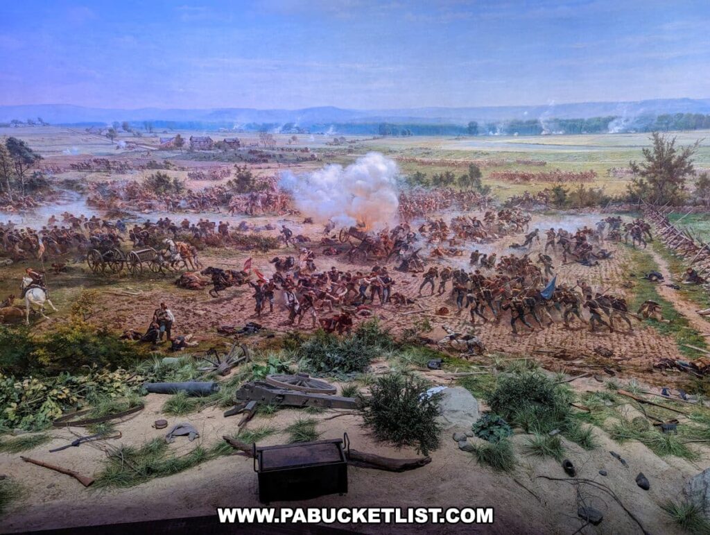 A vibrant section of the Gettysburg Cyclorama at the National Military Park Visitor Center depicting the heat of battle during the Civil War. The panoramic painting shows a dramatic clash between Union and Confederate forces, with cavalry and infantry engaged in combat. Smoke from cannon fire fills the air, and the ground is littered with fallen soldiers and horses. The foreground seamlessly transitions into a three-dimensional diorama, including realistic terrain and period artifacts like weapons and ammunition, enhancing the immersive experience of the historic scene.