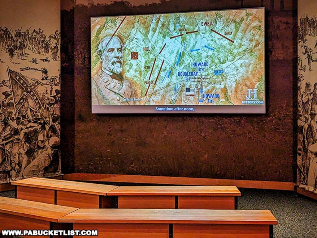 A multimedia exhibit at the Gettysburg National Military Park Visitor Center with a large screen displaying a map and the portrait of General Robert E. Lee. The map shows troop positions with labels for different divisions at Gettysburg.