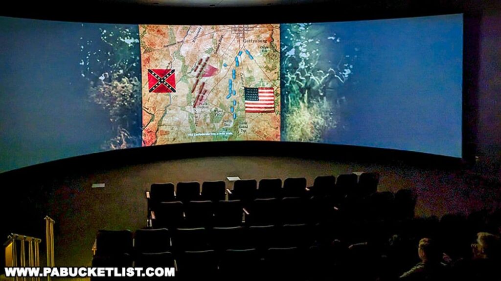 Inside a darkened theater at the Gettysburg National Military Park Visitor Center, a large panoramic screen displays a map of the Gettysburg battlefield with the Confederate flag on the left and the Union flag on the right, symbolizing the two opposing forces. The screen also shows an image of soldiers in combat.
