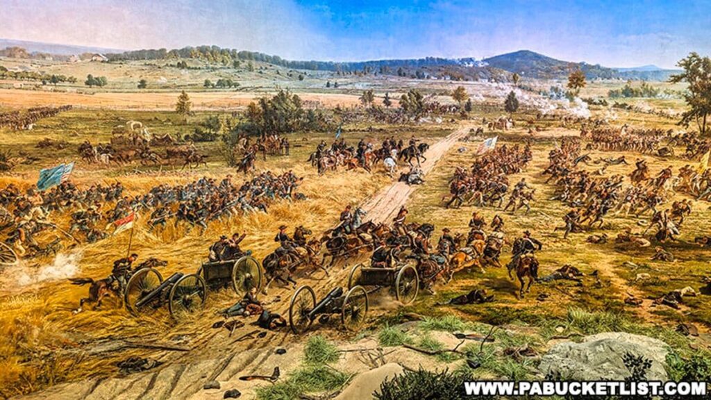 A vibrant and detailed segment of the Cyclorama at the Gettysburg National Military Park Visitor Center, depicting a dynamic scene from the Battle of Gettysburg. The painting shows Union and Confederate troops engaged in intense combat, with cavalry charging, cannons firing, and fallen soldiers on the battlefield. The landscape in the background features the rolling hills and farmland characteristic of Gettysburg, under a partly cloudy sky.