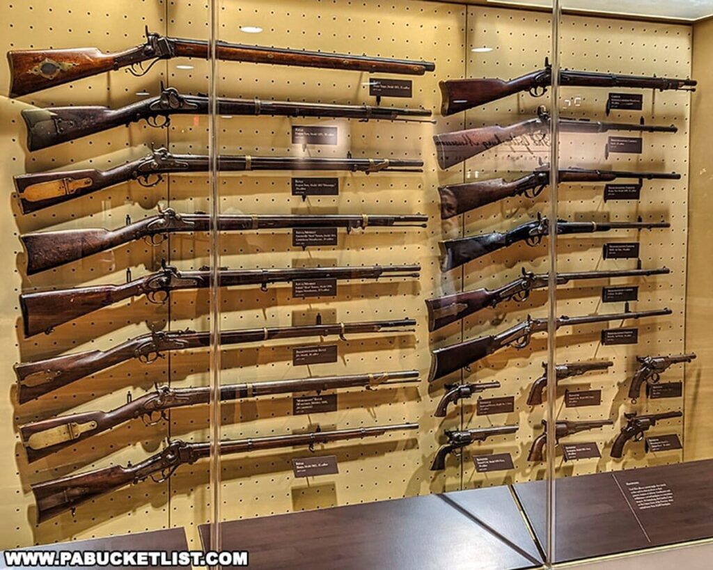 A display of an extensive collection of Civil War-era rifles and handguns at the Gettysburg National Military Park Visitor Center. The firearms are meticulously arranged on a pegboard wall, each with a descriptive label providing historical context. The exhibit showcases the variety of weapons used during the Battle of Gettysburg, with a focus on their design and function.