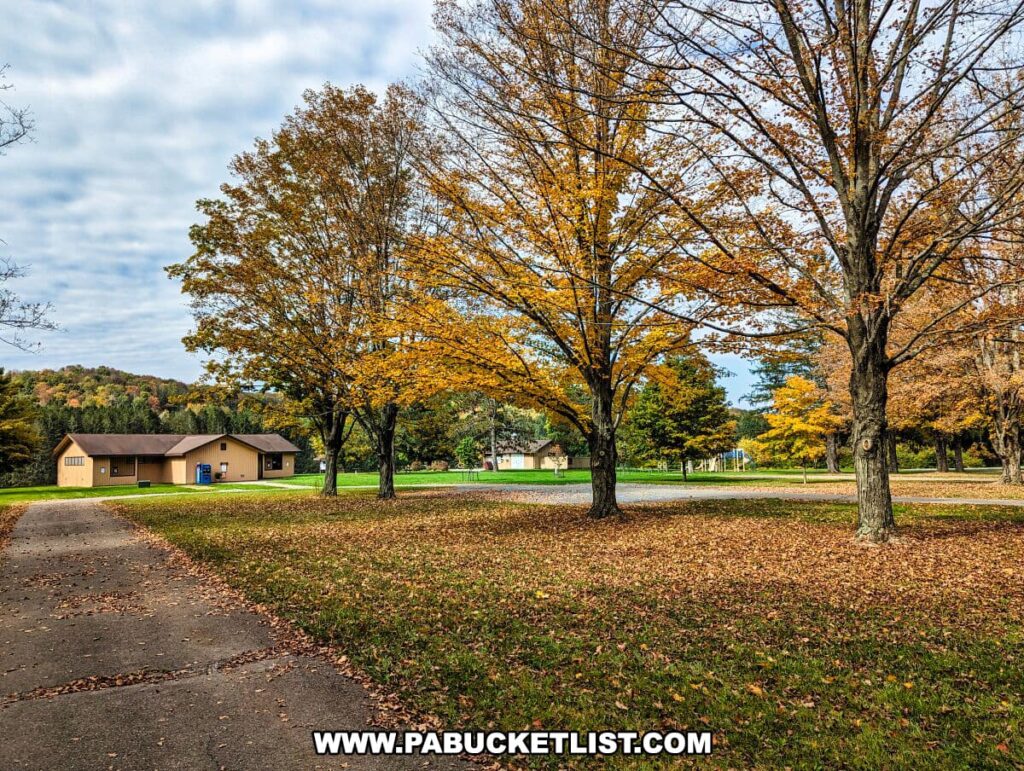 A fall scene in Hills Creek State Park, Tioga County, Pennsylvania, featuring a picnic area with buildings amidst a landscape sprinkled with autumn leaves. A paved path leads through an area dotted with trees displaying a range of fall colors from green to golden yellow. The ground is covered with fallen leaves, suggesting the change of seasons. In the background, there are park facilities, likely for picnics or gatherings, set against a backdrop of gentle hills. The sky is partly cloudy, casting a soft light on this tranquil park setting, inviting visitors to enjoy a crisp autumn day outdoors.