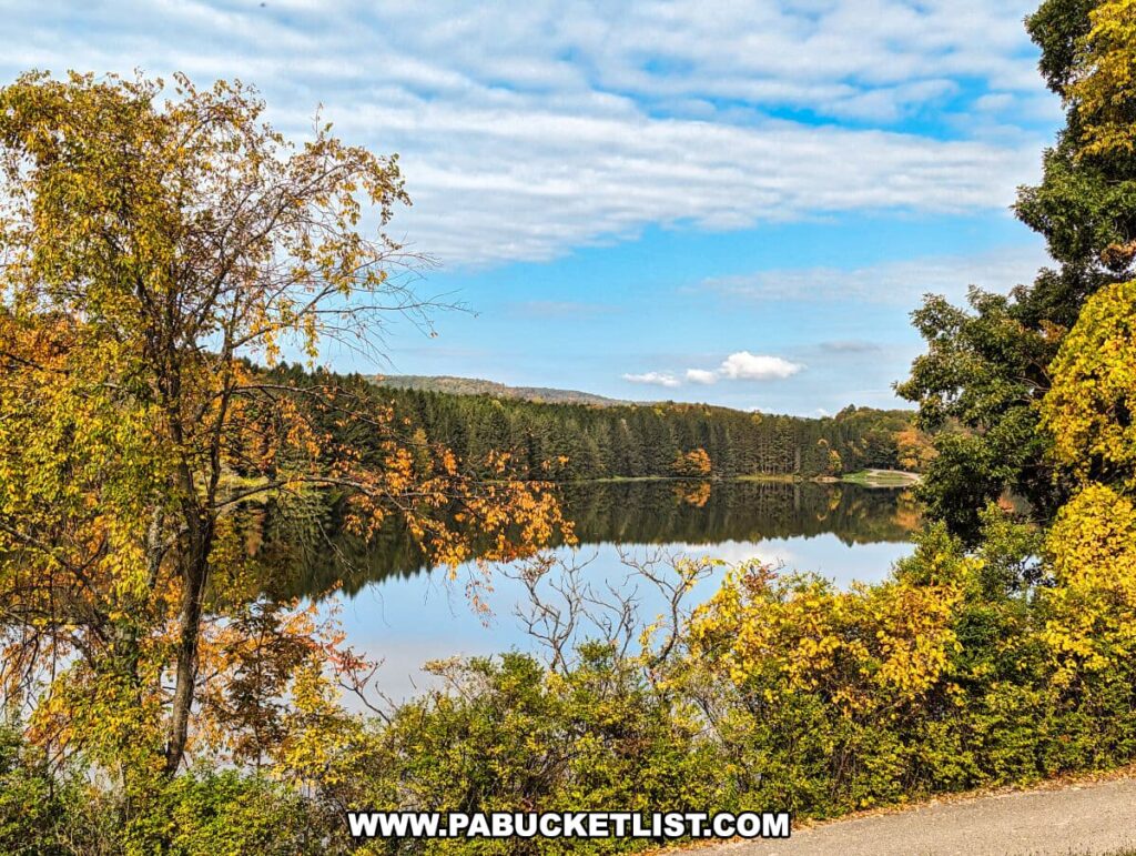 Overlooking Hills Creek Lake in Hills Creek State Park, Tioga County, Pennsylvania, this view captures the stillness of the water mirroring the blue sky and fluffy clouds. The lake is framed by trees in various stages of autumn transition, with leaves in shades of green, yellow, and orange. The tranquil water and colorful foliage create a serene and picturesque autumnal setting, ideal for visitors seeking the beauty of nature in the fall.