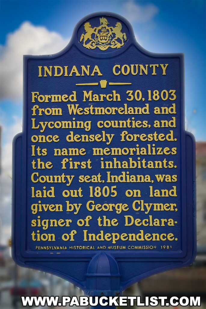 A historical marker in Indiana County, Pennsylvania, with the Commonwealth's coat of arms at the top. The sign is blue with yellow lettering and reads: "INDIANA COUNTY, Formed March 30, 1803 from Westmoreland and Lycoming counties, and once densely forested. Its name memorializes the first inhabitants. County seat, Indiana, was laid out 1805 on land given by George Clymer, signer of the Declaration of Independence. PENNSYLVANIA HISTORICAL AND MUSEUM COMMISSION 1981." The background shows a blurry sky with some clouds, indicating an outdoor setting.