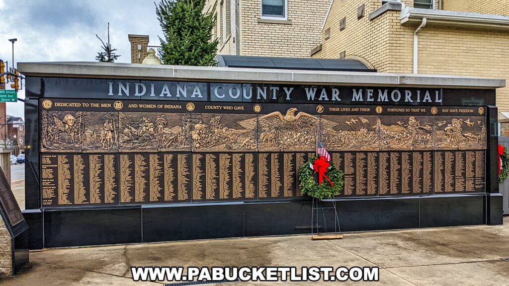 A photo of the Indiana County War Memorial in Pennsylvania, featuring a large, dark panel with gold lettering and detailing. The top of the panel reads "INDIANA COUNTY WAR MEMORIAL" flanked by American emblems. Below, the panel is dedicated to the men and women of Indiana County who gave their lives and fortunes for freedom. The central part of the memorial has intricately embossed scenes of military service across different eras, above rows of names listed in honor. In front of the memorial, there's a wreath with a red bow and American flag, signifying respect and remembrance. The setting appears urban with buildings and a street in the background.