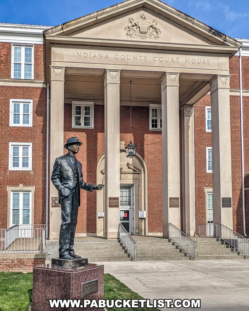 A bronze statue of a man in front of the Indiana County Courthouse in Pennsylvania. The courthouse is a red brick building with white columns and a pediment bearing the inscription "INDIANA COUNTY COURT HOUSE" and the Commonwealth's coat of arms. The statue stands prominently on a pedestal with a plaque, capturing the figure in mid-stride, wearing a suit and a fedora hat, evoking a mid-20th-century style. The courthouse steps lead up to double doors, and the environment suggests clear weather with a blue sky in the background.