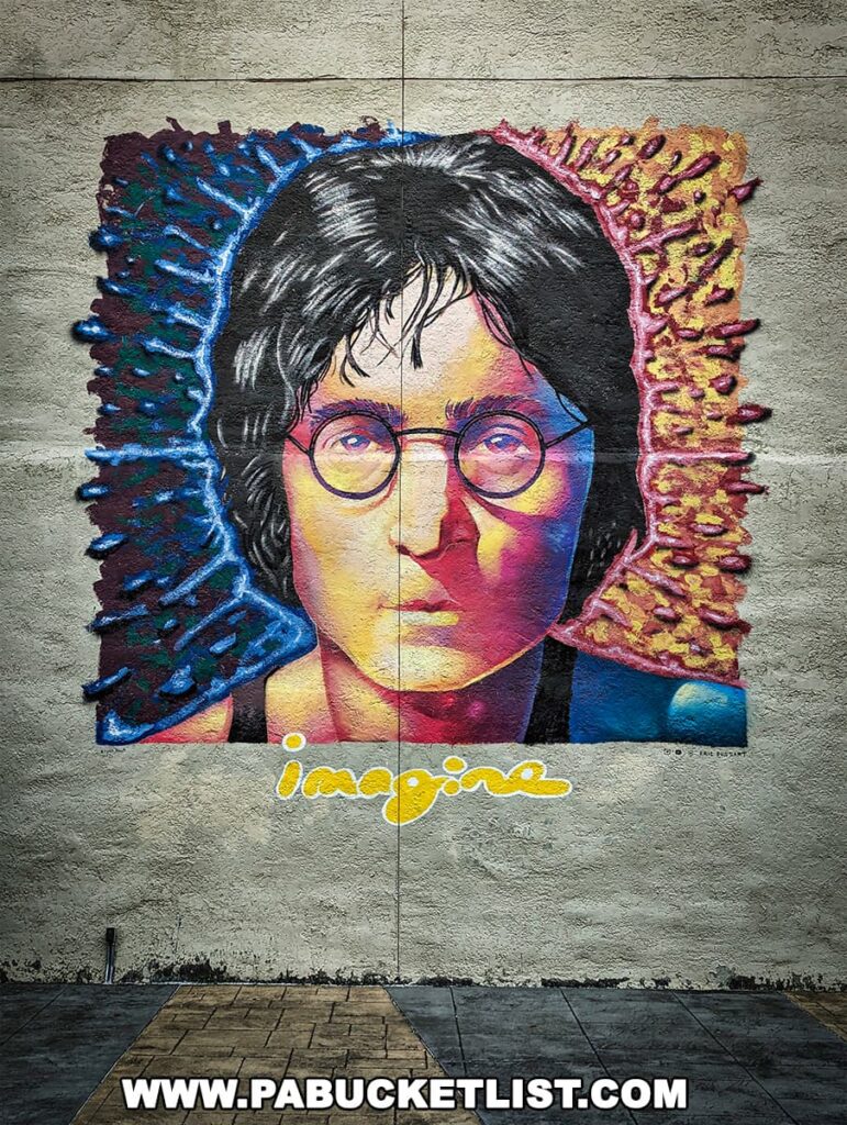 A vibrant mural of John Lennon on a wall in downtown Scranton, Pennsylvania, depicts his face in colorful detail with glasses, against a splash of blue and pink background. Below his image, the word 'imagine' is written in yellow cursive script. The artwork adds a creative and inspiring touch to the urban environment.
