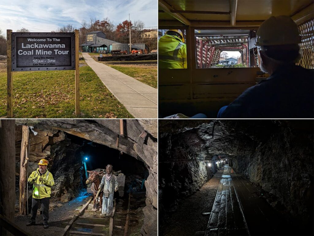 Collage of four photos from the Lackawanna Coal Mine Tour in Scranton, PA. Top left: The welcome sign against a backdrop of the tour building and clear skies. Top right: View from inside a mine car, with visitors wearing hard hats. Bottom left: A tour guide in reflective gear stands before a statue of a miner and a mule at the mine's entrance. Bottom right: A dimly lit mine tunnel with a wooden walkway and electrical lighting extending into the darkness, showcasing the mine's depth and historical ambiance.