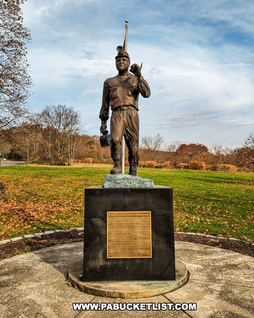 Statue of an anthracite coal miner standing on a circular concrete base, holding a pickaxe over his shoulder and pointing upward with his right hand, against a partly cloudy sky. The miner is depicted in mid-20th century mining gear, including a cap with a headlamp. At the base of the statue is a bronze plaque with text, likely a tribute, mounted on a dark stone pedestal. The background reveals an autumnal scene with trees bearing orange and red foliage and a well-kept grassy area, suggesting a serene park setting.