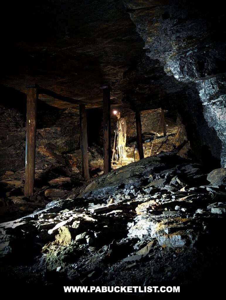 Interior view of the Lackawanna Coal Mine in Scranton, PA, showing rugged, dark rock surfaces illuminated by a light source off-camera. Wooden beams provide structural support to the rocky ceiling. The scene captures the challenging conditions and environment that coal miners faced, with debris and uneven surfaces indicative of the manual excavation process. The image evokes a sense of the historical significance and tough working conditions of coal mining.